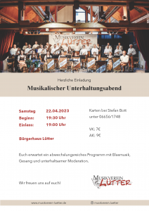 Einladung zum Unterhaltungsabend des Musikvereins Lütter am 22.04.2023 ab 19.30 Uhr